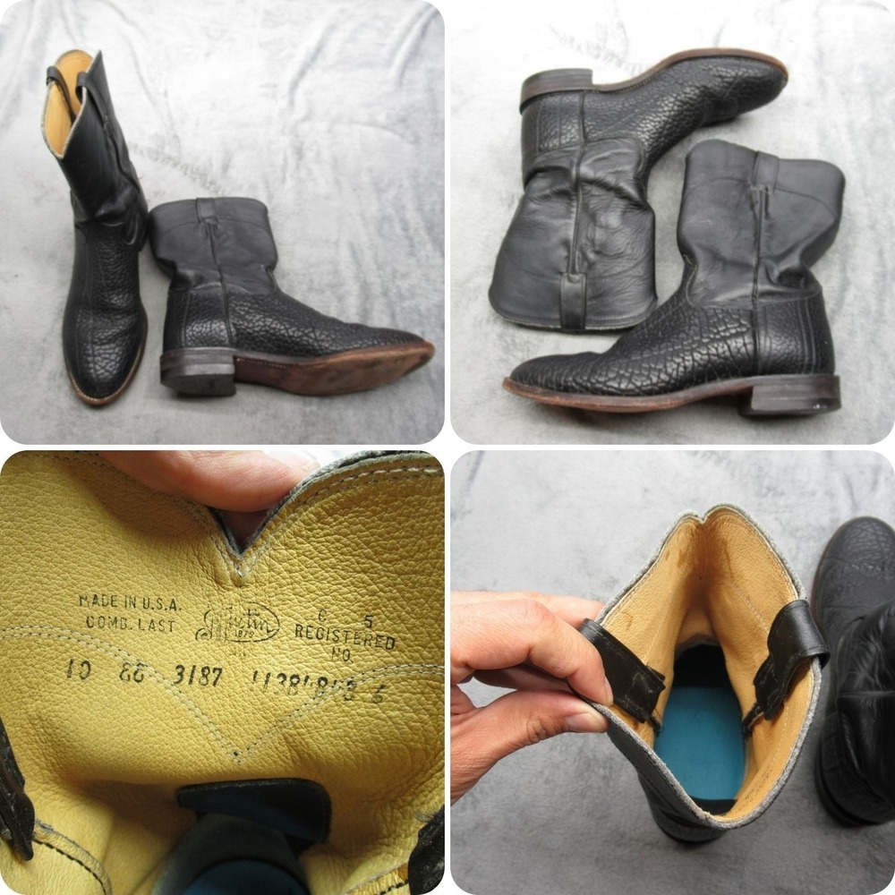 Justin Roper Boots Men 10EE WIDE Black Leather Classic Western Made in USA VTG